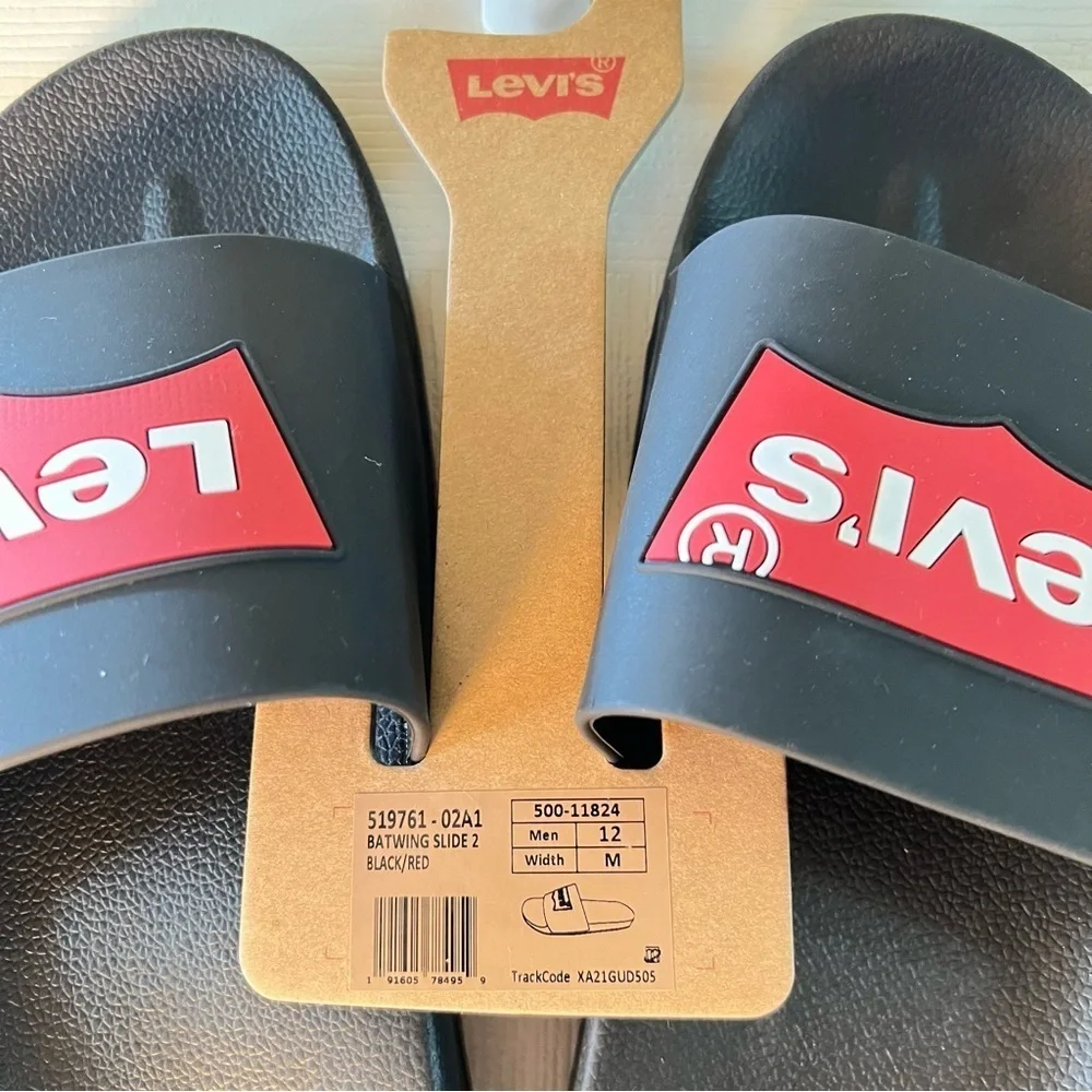 LEVIS Mens Batwing Slide 2 Black & Red Synthetic Upper Slippers Logo Size: 11,12